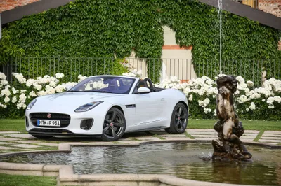 White Jaguar Type Nature Wallpaper 4K 4096x2731 White, Jaguar, F-type, Convertible, Parked, Near, A, Decorative, Fountain, Lush, Greenery, Flowers, Landscape, 4k