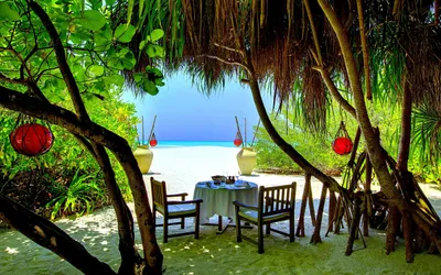 Serene Serene Wallpaper Nature Wallpaper 4K 2560x1600 A, Serene, Tropical, Setting, In, The, Maldives, Features, Beautifully, Arranged, Table, Under, White, Ultrawide, QHD