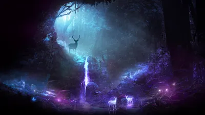 Dreamy Fantasy Wallpaper Animals Wallpaper 4K 2560x1440 A, Hd, Fantasy, Wallpaper, Featuring, Mystical, Night, Scene, Glowing, Waterfall, Ethereal, Deer, Gray, Ultrawide, QHD
