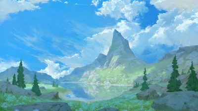 Misty Anime Wallpaper Nature Wallpaper 4K 3840x2160 Anime-style, 4k, Ultra, Hd, Digital, Landscape, Green, Valley, Pines, Reflective, Lake, Yellow, Pink, Ultrawide