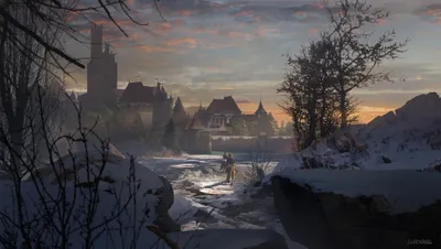Moody Depicting Wallpaper World Wallpaper 4K 2000x1134 Hd, Desktop, Wallpaper, Depicting, A, Medieval, Fantasy, City, Blanketed, Snow, Dusk, Silhouetted, Gray, Ultrawide, Full HD