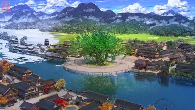 Anime Cityscape Original Design Large World Wallpaper 4K 2000x1125 Hd, Anime, Cityscape, Wallpaper, Featuring, An, Original, Design, Large, Tree, Center, Surrounded, Brown, Ultrawide, Full HD