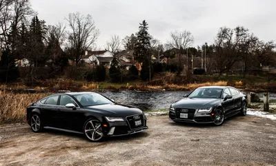 Two Black Rs7 Cars Near Cars Wallpaper 4K 5184x3123 Two, Black, Audi, Rs7, Cars, Parked, Near, A, River, Trees, Houses, Captured, White, Ultrawide, 4k
