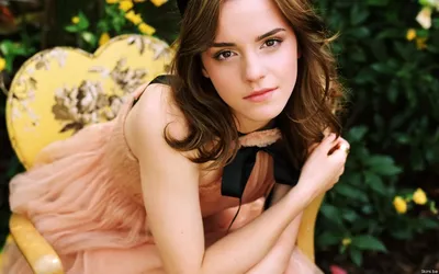 Emma Watson Sitting Yellow Black/Dark Wallpaper 4K 1920x1200 Emma, Watson, Sitting, On, A, Yellow, Floral, Chair, Garden, Setting, Wearing, Peach, Gray, White, Ultrawide, Full HD