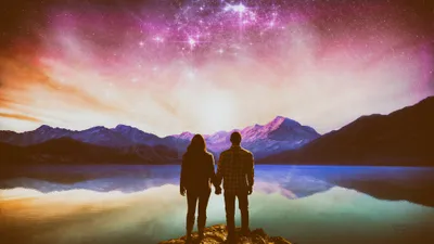 Romantic Couple Stands Nature Wallpaper 4K 3840x2160 A, Romantic, Couple, Stands, Hand, In, Before, Breathtaking, Landscape, Mountains, Starry, Sky, White, Ultrawide, 4k
