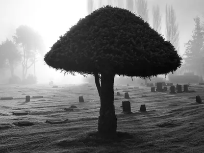 Radiant Foggy Wallpaper Nature Wallpaper 4K 1600x1200 Hd, Desktop, Wallpaper, Featuring, A, Foggy, Cemetery, With, Prominent, Trimmed, Tree, Scattered, White, Landscape