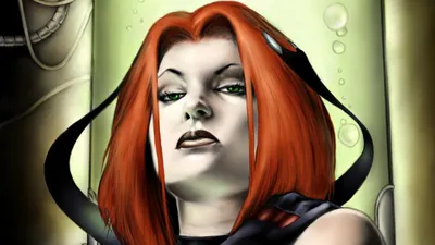 Close Comic Portrait Bloodrayne Red Abstract Wallpaper 4K 2750x1547 Close-up, Comic-style, Portrait, Of, Bloodrayne, With, Red, Hair, Pale, Skin, Green, Eyes, White, Ultrawide, QHD