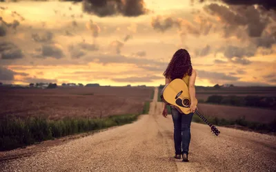 Crisp Woman Wallpaper Nature Wallpaper 4K 1920x1200 A, Woman, With, Guitar, Walks, Down, Rural, Road, Towards, Vibrant, Sunset, Creating, Gray, Ultrawide, Full HD