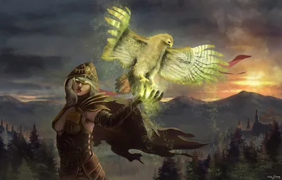 Misty Fierce Wallpaper Fantasy Wallpaper 4K 2598x1665 A, Fierce, Woman, Warrior, Conjures, Magic, With, An, Ethereal, Hawk, Soaring, Beside, Gray, Ultrawide, QHD