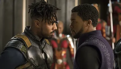Michael Jordan Erik Black/Dark Wallpaper 4K 2560x1459 Michael, B, Jordan, As, Erik, Killmonger, And, Chadwick, Boseman, Tense, Face-off, Movie, Gray, Ultrawide, QHD