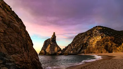 Bright Tranquil Wallpaper Nature Wallpaper 4K 5472x3078 A, Tranquil, Beach, Scene, At, Sunset, With, Rocky, Cliffs, Gentle, Waves, Captured, Gray, Ultrawide, 4k