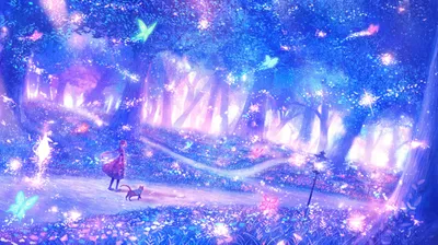 Misty Anime Wallpaper Nature Wallpaper 4K 2530x1417 Anime-style, Forest, Scene, With, Glowing, Flowers, And, Butterflies, Cat, Walking, Beside, Person, White, Ultrawide, Full HD