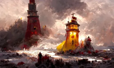 Dark Fantasy Painting Nature Wallpaper 4K 5120x3072 Dark, Fantasy, Painting, Stormy, Ocean, Landscape, With, Glowing, Lighthouses, Crashing, Waves, Gray, Ultrawide, 4k