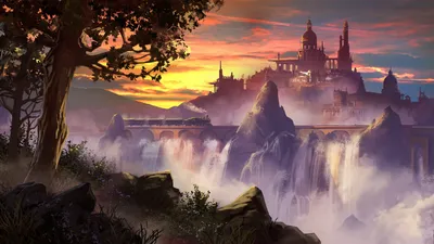 Fantasy Majestic City Atop World Wallpaper 4K 1920x1080 A, Stunning, Hd, Fantasy, Wallpaper, Featuring, Majestic, City, Atop, Cliffs, Train, Crossing, Gray, Ultrawide, Full HD
