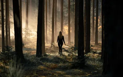 Woman Walks Shadowy Forest Nature Wallpaper 4K 1920x1200 A, Woman, Walks, Through, Shadowy, Forest, With, Sunlight, Filtering, Trees, Creating, Serene, Gray, Ultrawide, Full HD