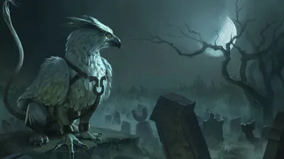 Majestic Griffin Perches Moonlit Space Wallpaper 4K 1920x1080 A, Majestic, Griffin, Perches, In, Moonlit, Graveyard, Surrounded, Mist, Shadowy, Tombstones, Creating, Gray, Ultrawide, Full HD