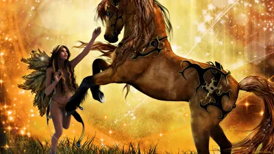 Magical Fairy Interacting Fantasy Wallpaper 4K 1920x1080 A, Magical, Scene, Featuring, Fairy, Interacting, With, Ornate, Horse, Set, Against, Dreamy, Gray, White, Orange, Ultrawide, Full HD