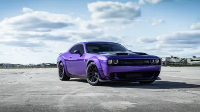 Moody Purple Wallpaper Cars Wallpaper 4K 3840x2160 Purple, Dodge, Challenger, Muscle, Car, On, A, Concrete, Lot, Under, Blue, Sky, Gray, Ultrawide, 4k