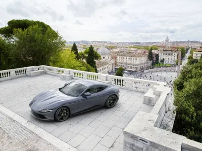 Crisp Silver Wallpaper Cars Wallpaper 4K 4000x3000 Silver, Ferrari, Roma, Supercar, Parked, On, A, Terrace, Overlooking, Cityscape, Captured, Stunning, White, Landscape, 4k