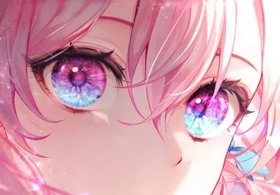Close Character Vibrant Pink Blue Space Wallpaper 4K 3891x2714 Close-up, Of, A, Character's, Vibrant, Pink, And, Blue, Character, 039, Eyes, Honkai, White, Gray, Landscape, 4k