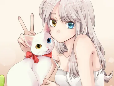 Anime Girl Long Animals Wallpaper 4K 1500x1129 Anime, Girl, With, Long, White, Hair, And, Heterochromia, Poses, Cat, Also, Red, Landscape