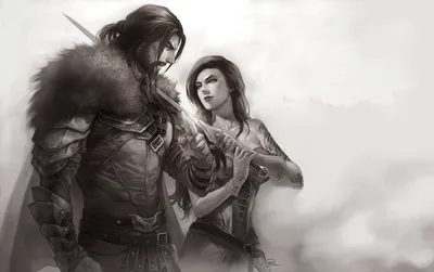 Monochrome Fantasy Depicts Fantasy Wallpaper 4K 3528x2214 A, Monochrome, Fantasy, Scene, Depicts, Warrior, Couple, Featuring, Strong, Man, Sword, Captivating, White, Ultrawide, QHD