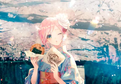 Anime Girl Pink Hair Kimono Abstract Wallpaper 4K 2400x1660 Anime, Girl, With, Pink, Hair, And, A, Kimono, Winking, Amid, Backdrop, Spring, White, Landscape, Full HD