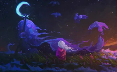 White Haired Child Gazes Glowing Animals Wallpaper 4K 1920x1179 A, White-haired, Child, Gazes, At, Glowing, Crescent, Moon, Night, Sky, Filled, Spirit, Brown, Ultrawide, Full HD
