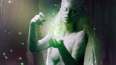 Mystical Demon Figure Fantasy Wallpaper 4K 1920x1079 A, Mystical, Demon, Figure, With, Green, Glowing, Eyes, Ethereal, Features, Conjuring, Magic, Gray, White, Ultrawide, Full HD