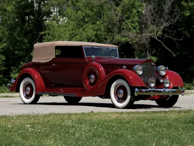 Golden Vintage Wallpaper Abstract Wallpaper 4K 2048x1536 A, Vintage, Red, Packard, Eight, Convertible, With, Tan, Top, Parked, Grassy, Area, Gray, Landscape, Full HD