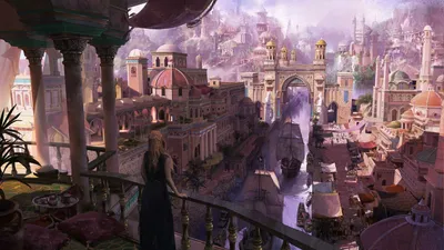 Sleek Blonde Wallpaper World Wallpaper 4K 1920x1080 A, Blonde, Figure, Overlooking, Bustling, Fantasy, City, Ornate, Buildings, Large, Ship, Docked, White, Ultrawide, Full HD