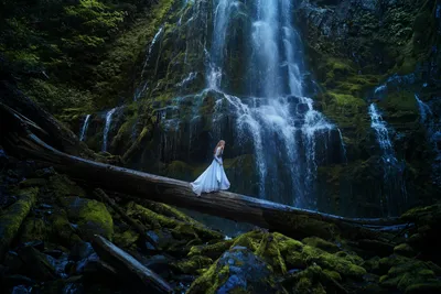 Serene Woman Wallpaper Nature Wallpaper 4K 1800x1200 A, Woman, In, Blue, Dress, Stands, On, Log, Lush, Forest, Cascading, Waterfall, Gray, Brown, Pink, Landscape