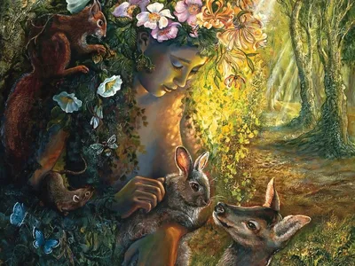 Fantasy Woman Surrounded Fantasy Wallpaper 4K 1600x1200 A, Fantasy, Scene, Features, Woman, Surrounded, By, Squirrel, Rabbit, Deer, Intertwined, Lush, Brown, Gray, Orange, Landscape