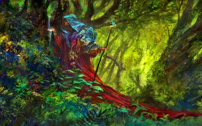 Woman Cape Holds Fantasy Wallpaper 4K 1920x1200 A, Woman, In, Cape, Holds, Staff, Mystical, Vibrant, Forest, Setting, Fantasy-themed, Exudes, Orange, Brown, Yellow, Ultrawide, Full HD