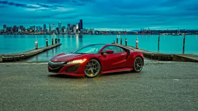 Red Acura Nsx Supercar Waterfront World Wallpaper 4K 4978x2800 A, Red, Acura, Nsx, Supercar, Parked, By, The, Waterfront, City, Skyline, Captured, Yellow, Pink, Green, Ultrawide, 4k
