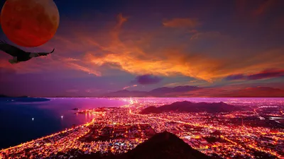 Vibrant Fantasy Cityscape Nature Wallpaper 4K 1920x1080 A, Vibrant, Fantasy, Cityscape, At, Sunset, With, Glowing, Lights, Under, Colorful, Clouds, Brown, Red, Ultrawide, Full HD
