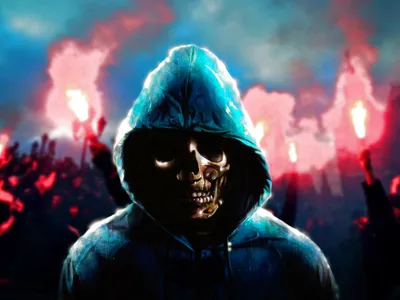 Dark Figure Wearing Hoodie Glowing Black/Dark Wallpaper 4K 1600x1200 Hd, Pc, Desktop, Wallpaper, Dark, Figure, Wearing, A, Hoodie, Glowing, Skull, Face, White, Pink, Landscape