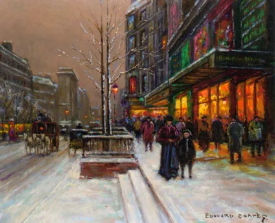 Vintage Artistic Painting World Wallpaper 4K 2589x2101 Vintage-style, Artistic, Painting, Of, A, Bustling, City, Street, Winter, Warmly, Lit, Shop, Gray, White, Square, QHD