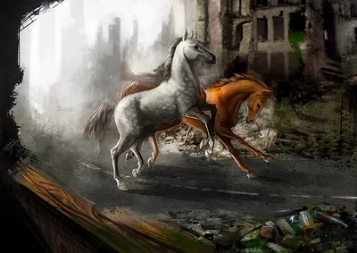 Bright Two Wallpaper World Wallpaper 4K 3508x2480 Two, Horses, Gallop, Through, A, Foggy, Post-apocalyptic, Sci‑fi, City, Ruined, Buildings, Depicted, White, Landscape, QHD