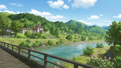 Bright Anime Wallpaper Nature Wallpaper 4K 1924x1082 Hd, Anime, Wallpaper, Featuring, A, Tranquil, House, Beside, River, Surrounded, Lush, Green, Pink, White, Gray, Ultrawide, Full HD