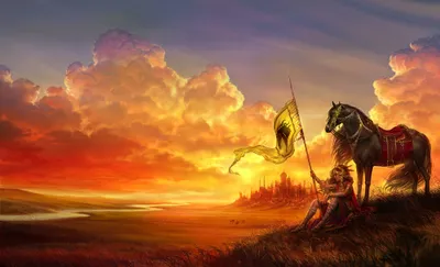 Woman Warrior Sits Hillside Nature Wallpaper 4K 2000x1219 A, Woman, Warrior, Sits, On, Hillside, Holding, Flag, Beside, Her, Horse, Vibrant, Gray, Orange, Ultrawide, Full HD