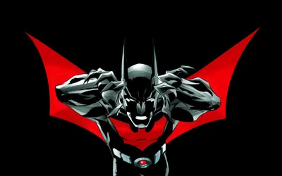 Dark Batman Beyond Comic Menacing Black/Dark Wallpaper 4K 5120x3200 Dark, Batman, Beyond, Comic, Wallpaper, Menacing, Leans, Forward, Glowing, Red, Bat, Emblem, Ultrawide, 4k