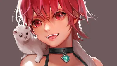 Vibrant Anime Character Abstract Wallpaper 4K 1920x1080 A, Vibrant, Anime, Character, With, Fangs, And, Striking, Red, Hair, Smiles, Playfully, Purple, Pink, White, Ultrawide, Full HD