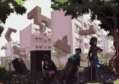 Sleek Anime Wallpaper World Wallpaper 4K 1711x1210 Anime-style, Cityscape, With, Detailed, Buildings, Framed, By, Tree, Branches, Featuring, Three, Characters, White, Gray, Landscape