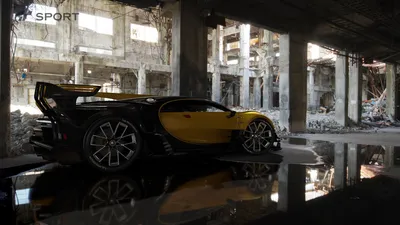 Serene Sleek Wallpaper Cars Wallpaper 4K 1920x1080 A, Sleek, Yellow, Bugatti, Sits, In, Ruined, Building, Reflection, Visible, Floor, Creating, White, Gray, Ultrawide, Full HD