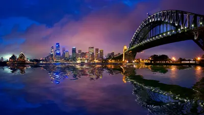 Nighttime Sydney Harbour World Wallpaper 4K 1920x1080 Nighttime, View, Of, Sydney, Harbour, Featuring, The, Illuminated, Opera, House, Bridge, City, Brown, Gray, Ultrawide, Full HD