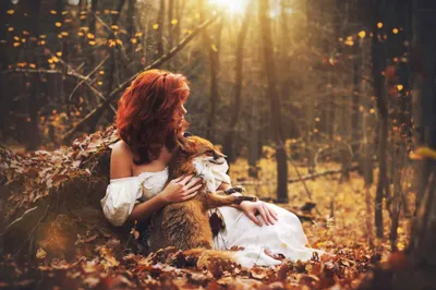 Redhead Woman Flowing White Dress Nature Wallpaper 4K 2048x1367 A, Redhead, Woman, In, Flowing, White, Dress, Sits, Amidst, Fallen, Leaves, Gently, Gray, Brown, Landscape, Full HD