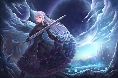 Anime Girl Long Lavender Space Wallpaper 4K 1920x1280 Hd, Wallpaper, Featuring, An, Anime, Girl, With, Long, Lavender, Hair, Holding, Sword, White, Landscape, Full HD