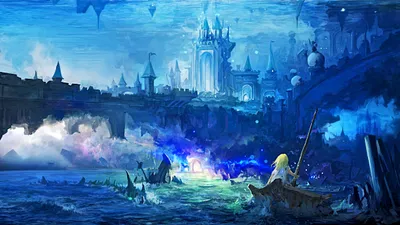 Vibrant Serene Wallpaper Fantasy Wallpaper 4K 2560x1440 A, Serene, Fantasy, Landscape, Featuring, Shimmering, Blue, River, Enchanting, Castle, Distance, Stunning, Pink, Yellow, Gray, Ultrawide, QHD