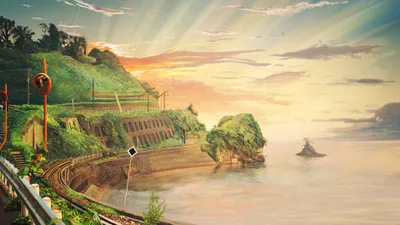 Moody Anime Wallpaper Nature Wallpaper 4K 3840x2160 Anime-style, 4k, Ultra, Hd, Desktop, Wallpaper, Depicting, A, Serene, Railroad, Along, Coastal, Gray, Ultrawide